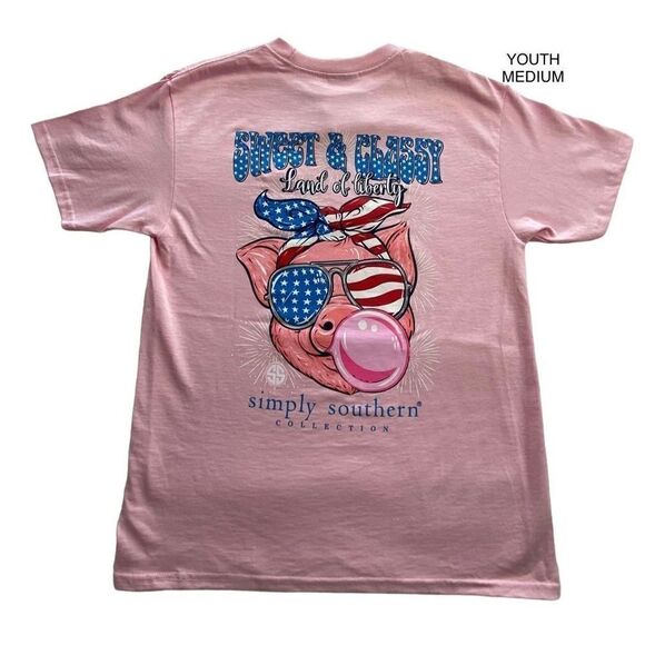 SIMPLY SOUTHERN YOUTH MEDIUM Sweet & Classy - Land of Liberty Pig USA Pink Tshir - Picture 1 of 9